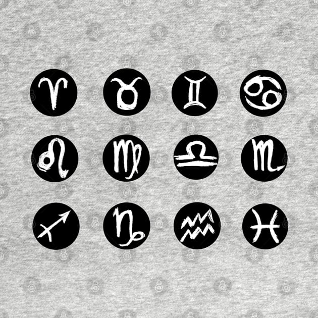 All Zodiac Sign Symbols, White hand drawn by badlydrawnbabe